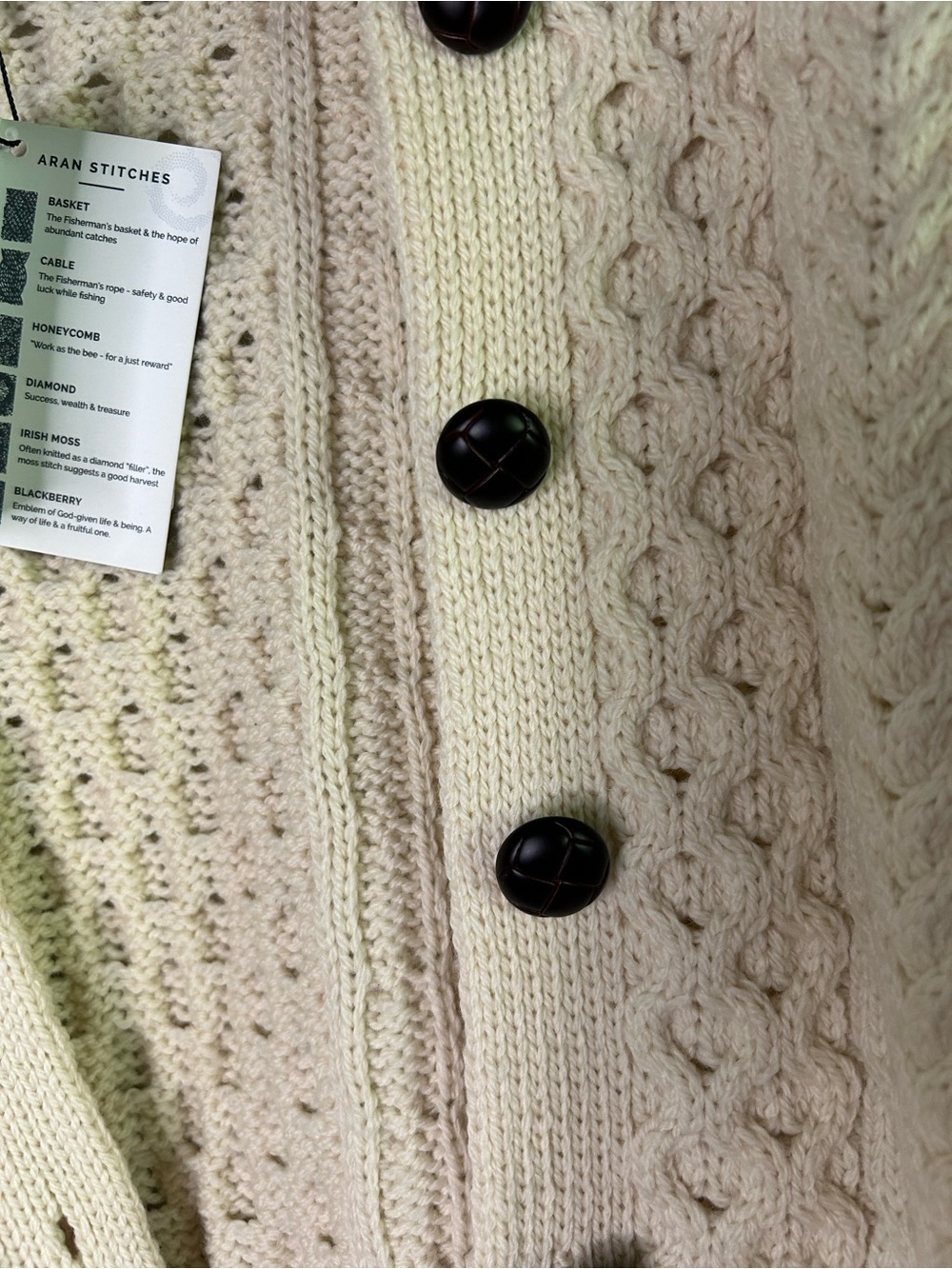 NWT Aran Woollen Mills Cream Cable-Knit Button 100% Merino Wool Cardigan - Picture 3 of 6
